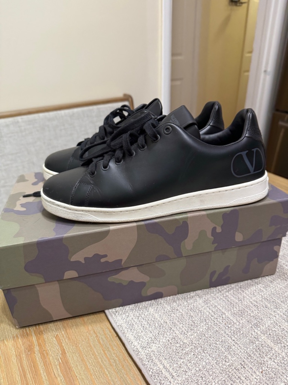Valentino Black Leather Low-Top Sneakers with White Sole